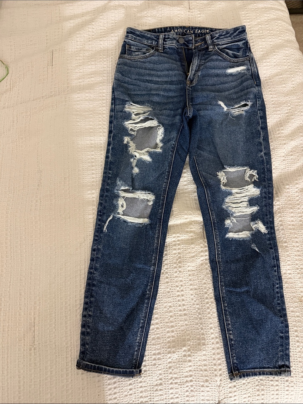 American Eagle Outfitters Dark Blue Distressed Straight Leg Jeans